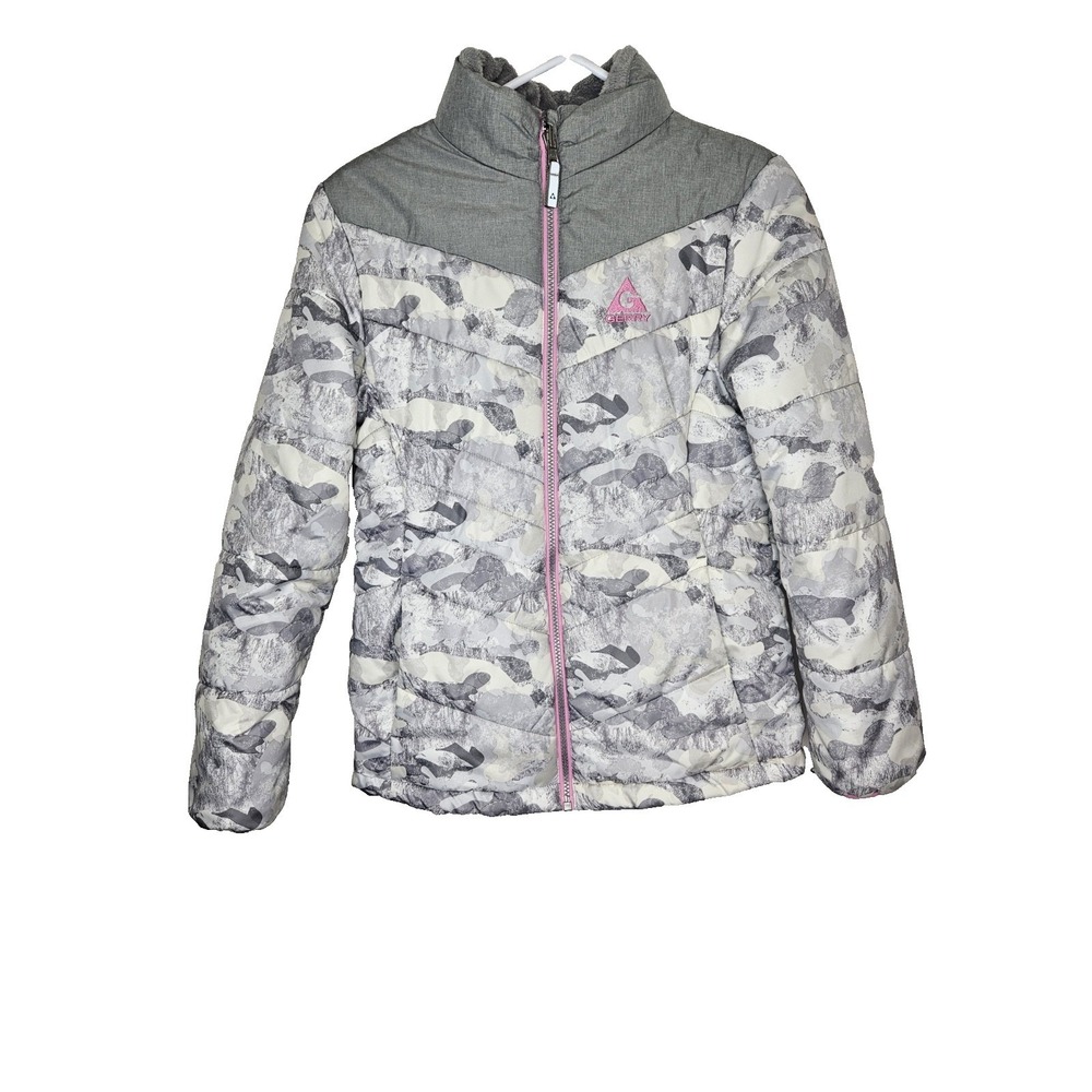 Gerry Girls L 14/16‎ Gray White Camo Puffer Jacket Pink Zip Winter Coat